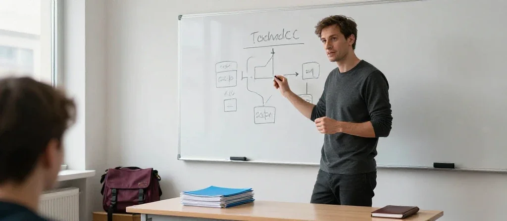 Un professionnel français anime une formation devant un tableau blanc dans un bureau lumineux.