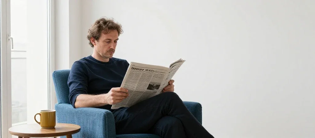 Homme lisant attentivement un journal pour s'informer et prendre des décisions réfléchies.
