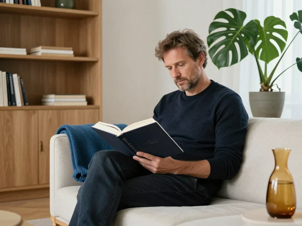 Homme lisant dans un salon ensoleillé pour illustrer la soif de culture et de compréhension.