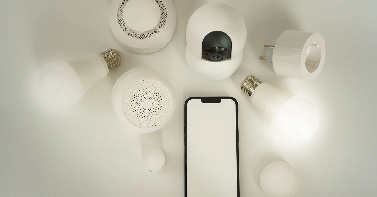 Vue de dessus des appareils de maison intelligente avec un contrôleur de smartphone sur un fond blanc.