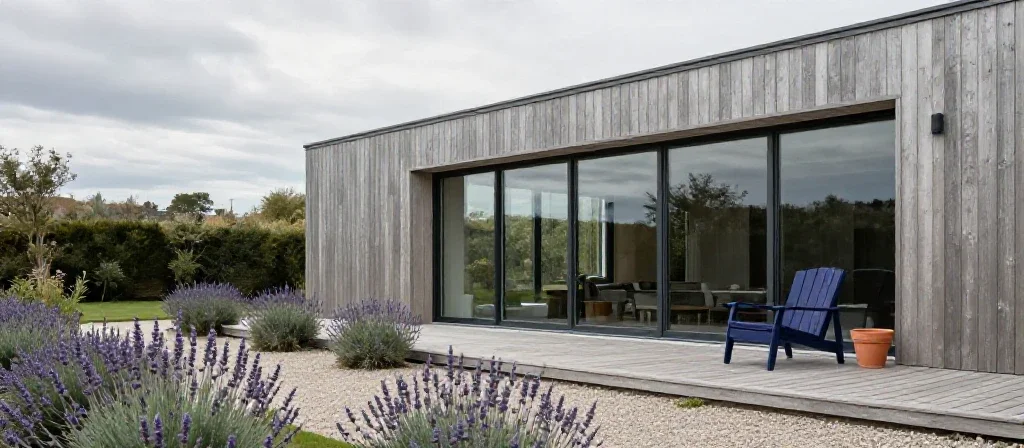 Une maison contemporaine aux lignes épurées avec une terrasse en bois et un jardin paysager.